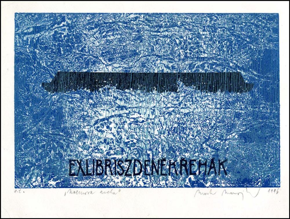 Noemova Archa. Exlibris z roku 1996 vytvořené pro Zdeňka Řeháka technikou dřevořezu s podtiskem zmačkaného alobalu. Autor: M. Manojlín
